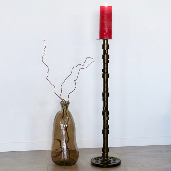 Bougeoir arbre à cames détourné. Couleur mordoré, or antique, pied récupération mécanique. Upcycling. Création déco métal Art Twin Véro Nigrowsky. Fabrication artisanale